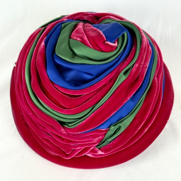 1960s Gwenn Pennington Bee Hive Hat Magenta Blue Green Velvet Turban Church Lady - Picture 11 of 12